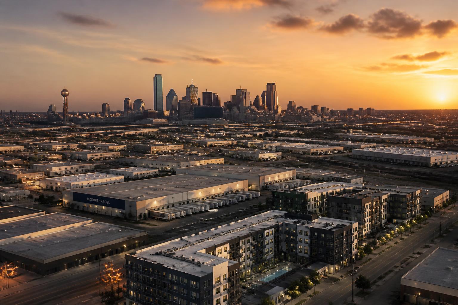 Dallas-Fort Worth skyline with warehouse and multifamily districts at golden hour