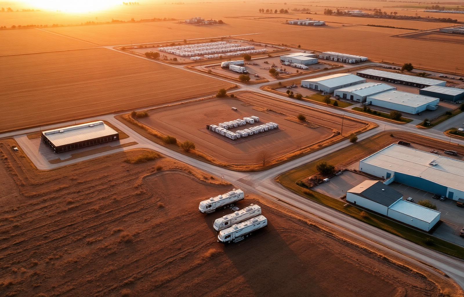 Aerial view of Texas commercial properties, RV park, warehouse, and self storage